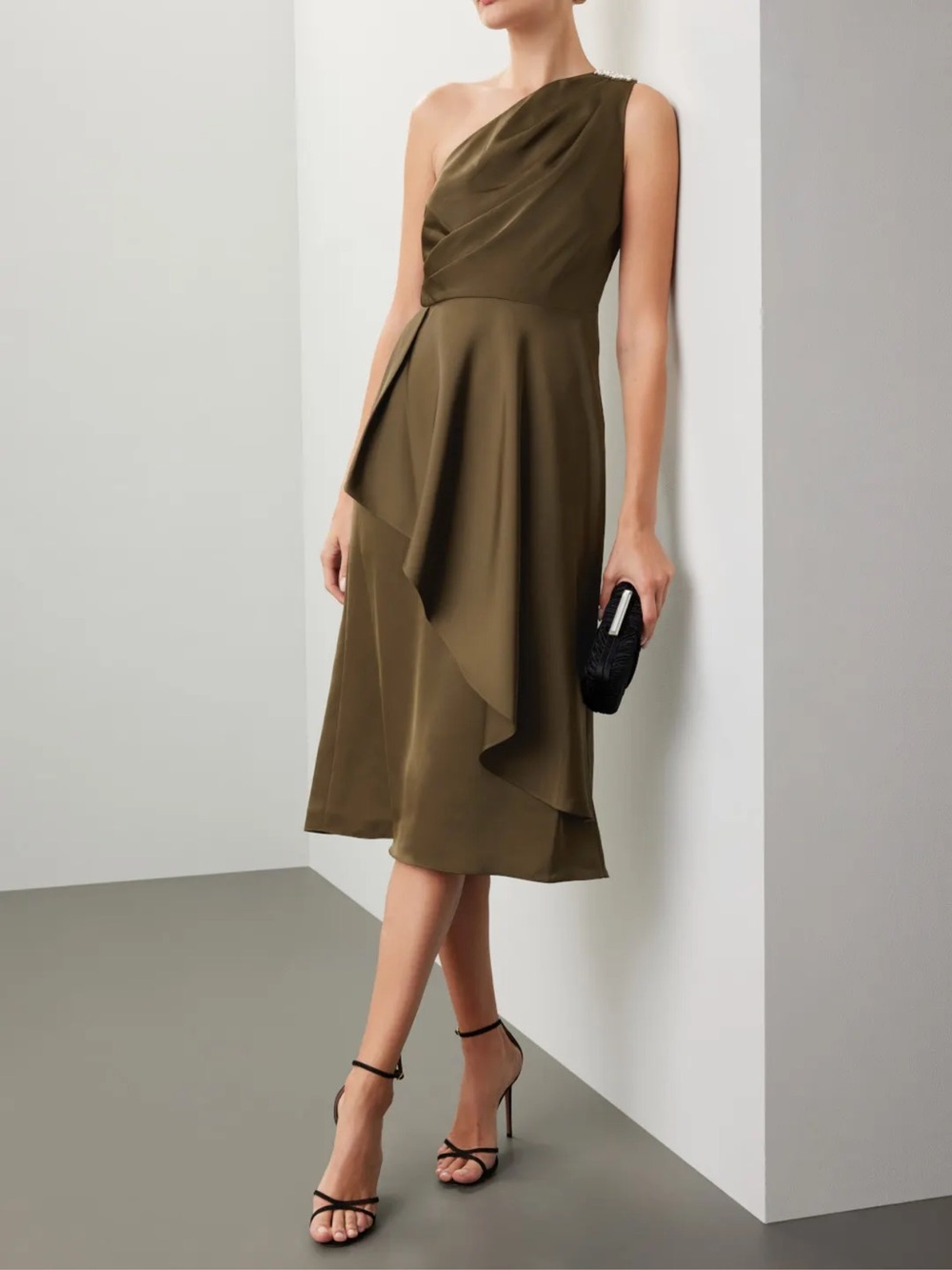 Sachin + Babi Olive One-Shoulder Draped Midi Dress
